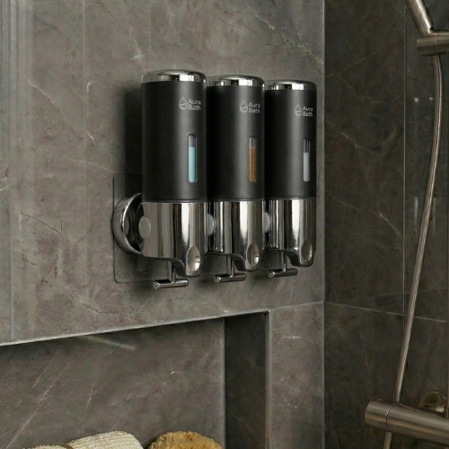 Aura Bath Üçlü Duvara Monte Sıvı Sabunluk & Şampuan Dispenseri - Mat Siyah - 3x500 ml