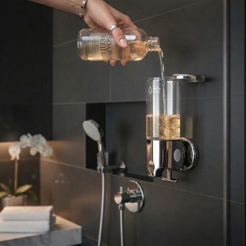 Aura Bath Duvara Monte Sıvı Sabunluk & Şampuan Dispenseri - Şeffaf - 500 ml