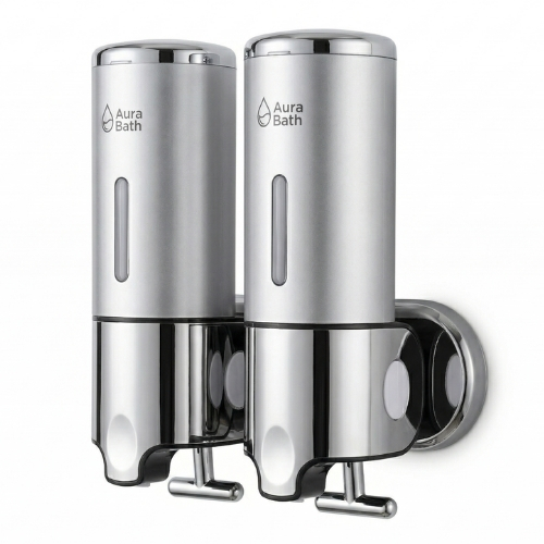 Aura Bath İkili Duvara Monte Sıvı Sabunluk & Şampuan Dispenseri - Mat Gri - 2x500 ml