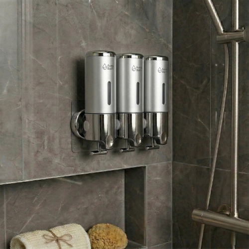 Aura Bath Üçlü Duvara Monte Sıvı Sabunluk & Şampuan Dispenseri - Mat Gri - 3x500 ml