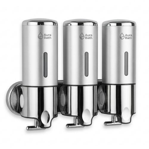 Aura Bath Üçlü Duvara Monte Sıvı Sabunluk & Şampuan Dispenseri - Mat Gri - 3x500 ml