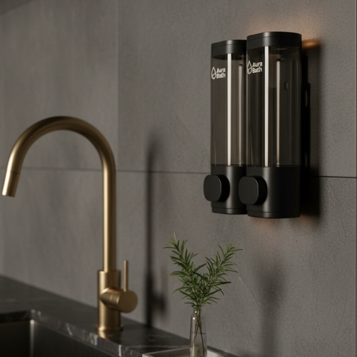 Aura Bath Duvara Monte Lüks İkili Sıvı Sabun ve Şampuan Dispenseri - Siyah - 2x300 ml