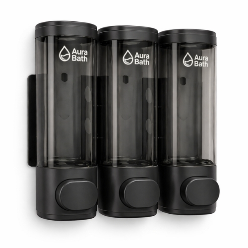 Aura Bath Duvara Monte Lüks Üçlü Sıvı Sabun ve Şampuan Dispenseri - Siyah - 3x300 ml