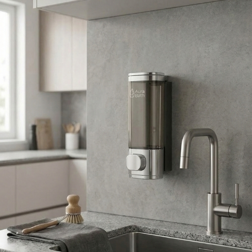 Aura Bath Duvara Monte Lüks Tekli Sıvı Sabun ve Şampuan Dispenseri - Gümüş - 300 ml