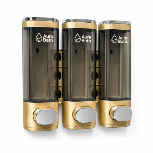 Aura Bath Duvara Monte Lüks Üçlü Sıvı Sabun ve Şampuan Dispenseri - Gold - 3x300 ml