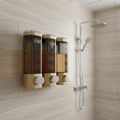 Aura Bath Duvara Monte Lüks Üçlü Sıvı Sabun ve Şampuan Dispenseri - Gold - 3x300 ml