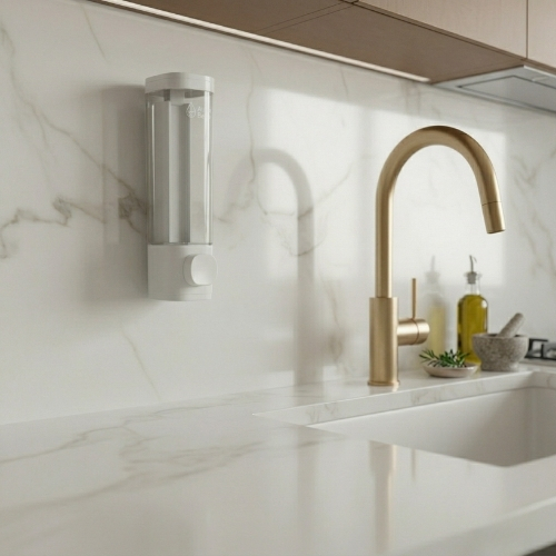 Aura Bath Duvara Monte Lüks Tekli Sıvı Sabun ve Şampuan Dispenseri - Beyaz - 300 ml