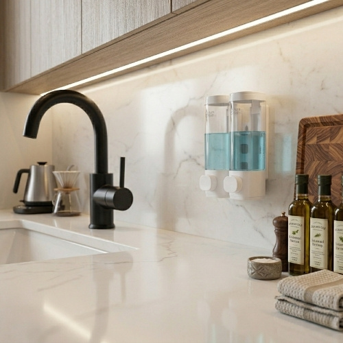 Aura Bath Duvara Monte Lüks İkili Sıvı Sabun ve Şampuan Dispenseri - Beyaz - 2x300 ml