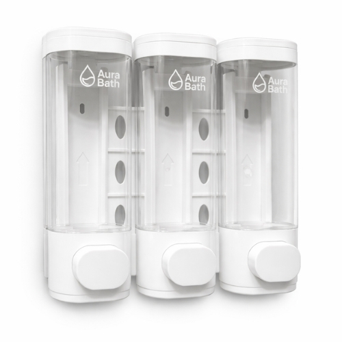Aura Bath Duvara Monte Lüks Üçlü Sıvı Sabun ve Şampuan Dispenseri - Beyaz - 3x300 ml
