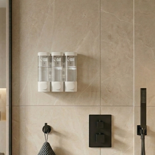 Aura Bath Duvara Monte Lüks Üçlü Sıvı Sabun ve Şampuan Dispenseri - Beyaz - 3x300 ml