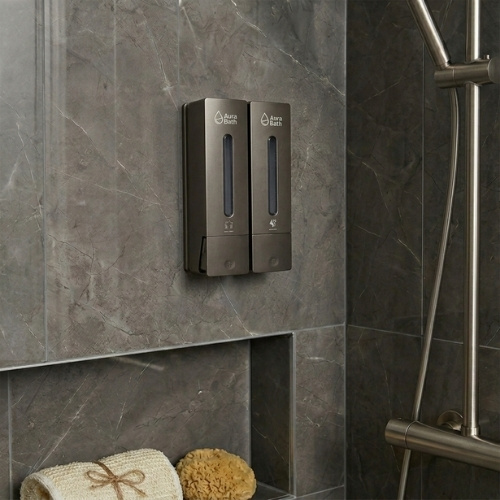 Aura Bath İkili Slim Tasarım Sıvı Sabun ve Şampuan Dispenseri - Antresit - 2x400 ml