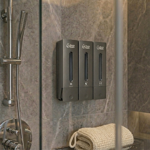 Aura Bath Üçlü Slim Tasarım Sıvı Sabun, Şampuan ve Duş Jeli Dispenseri - Antrasit - 3x400 ml