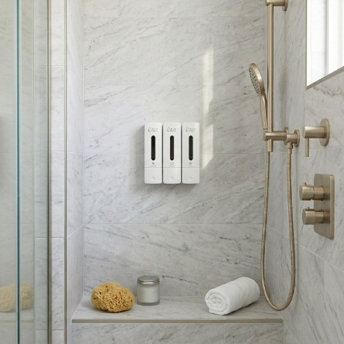 Aura Bath Üçlü Slim Tasarım Sıvı Sabun, Şampuan ve Duş Jeli Dispenseri - Beyaz - 3x400 ml