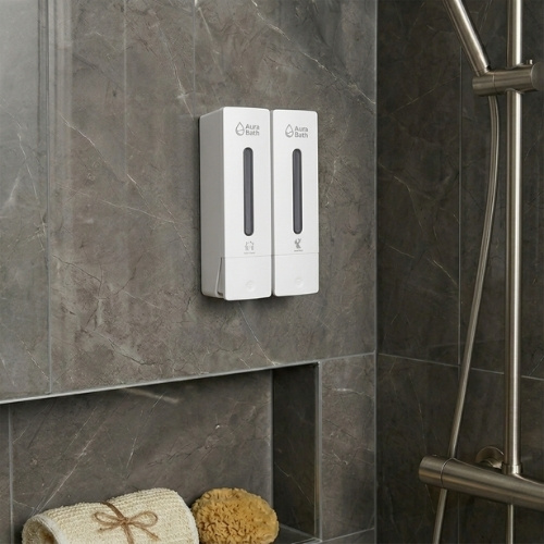 Aura Bath İkili Slim Tasarım Sıvı Sabun ve Şampuan Dispenseri - Beyaz - 2x400 ml