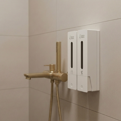 Aura Bath İkili Slim Tasarım Sıvı Sabun ve Şampuan Dispenseri - Beyaz - 2x400 ml