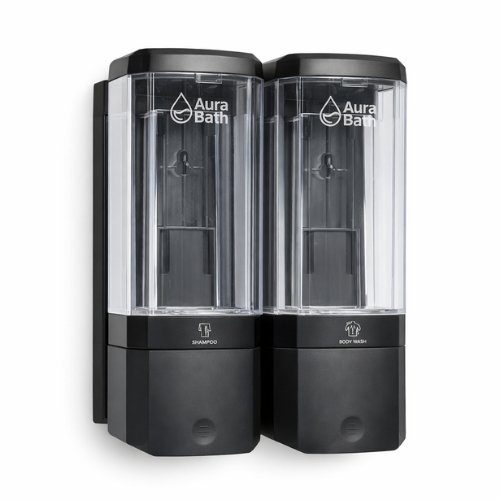Aura Bath İkili Duvar Tipi Sıvı Sabun, Şampuan ve Duş Jeli Dispenseri - Siyah - 2x500 ml