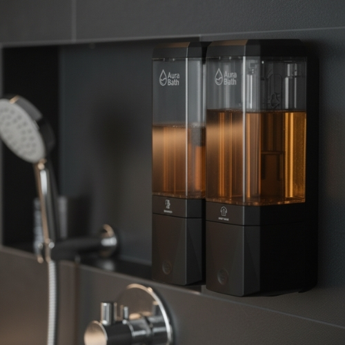 Aura Bath İkili Duvar Tipi Sıvı Sabun, Şampuan ve Duş Jeli Dispenseri - Siyah - 2x500 ml