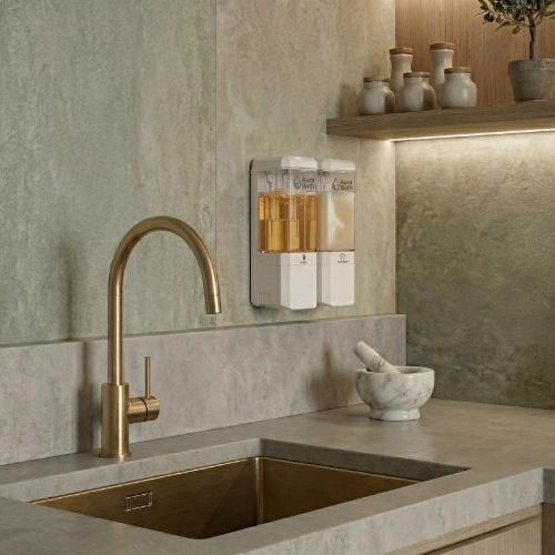 Aura Bath İkili Duvar Tipi Sıvı Sabun, Şampuan ve Duş Jeli Dispenseri - Beyaz - 2x500 ml