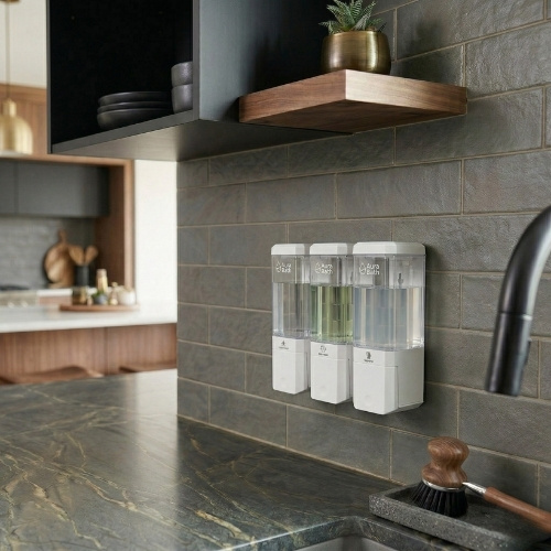 Aura Bath Üçlü Duvar Tipi Sıvı Sabun, Şampuan ve Duş Jeli Dispenseri - Beyaz - 3x500 ml